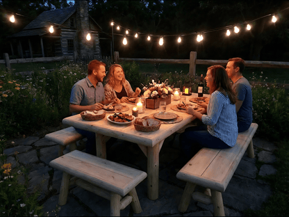 Outdoor picnic table and benches with candlelit dining setup on light wood slats