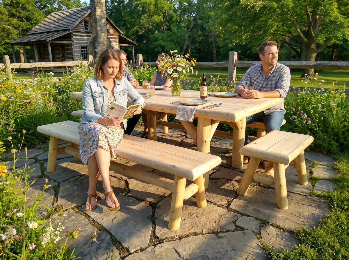 Rustic cedar picnic table with two benches and end bench, light wood finish