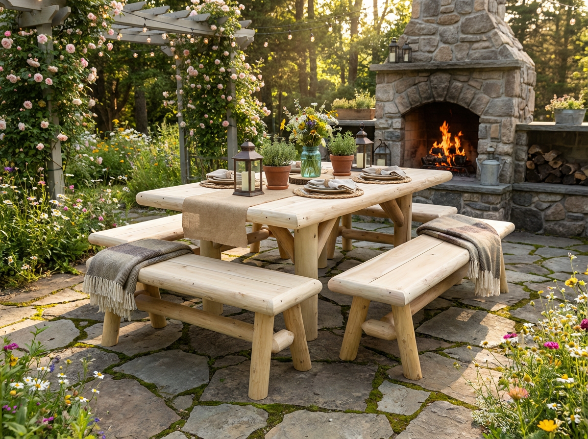 Rustic cedar log picnic table with matching benches, light wood finish, outdoor dining set