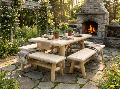 Rustic cedar log picnic table with matching benches, light wood finish, outdoor dining set