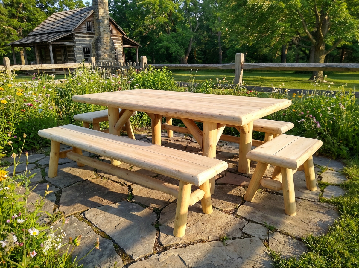 Rustic cedar log picnic table with matching benches, light wood finish, outdoor dining set