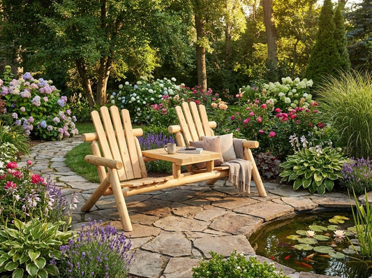 Handmade wooden chair with slatted back and armrests on a garden stone patio