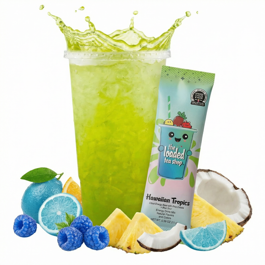 Powdered tea mix cup with tea shop packet and tropical fruit pieces