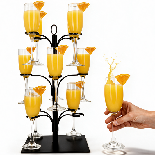 Cocktail tree stand with black metal arms holding yellow cocktail glasses; hand at side