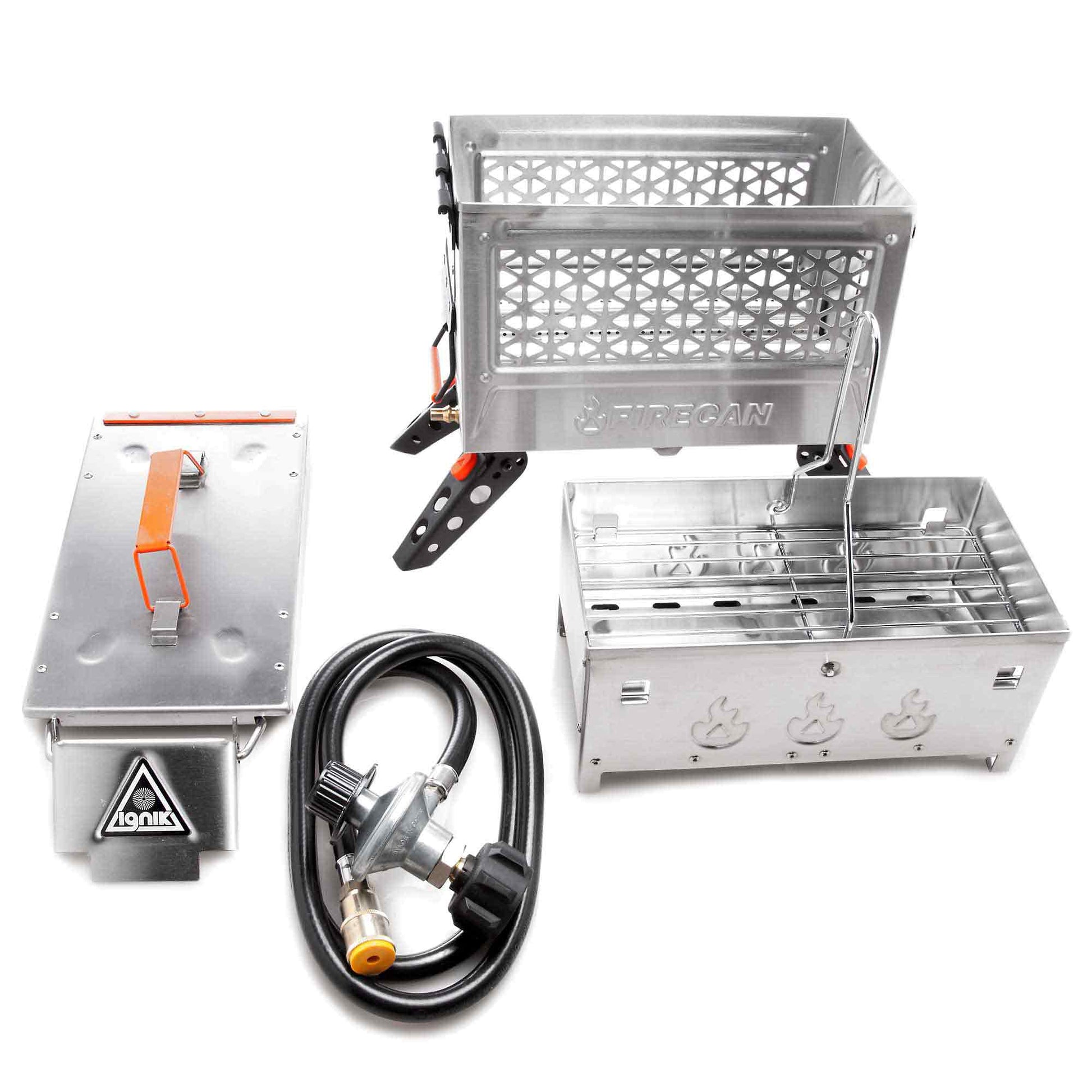 FireCan Deluxe portable fire pit with open grill insert and connected gas hose