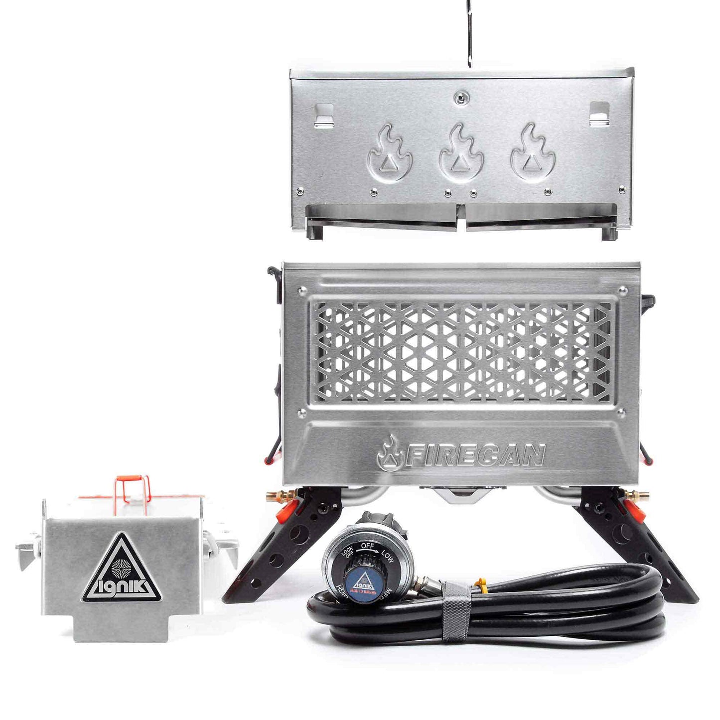 FireCan Deluxe portable fire pit with open front and front vent, plus control knob and hose
