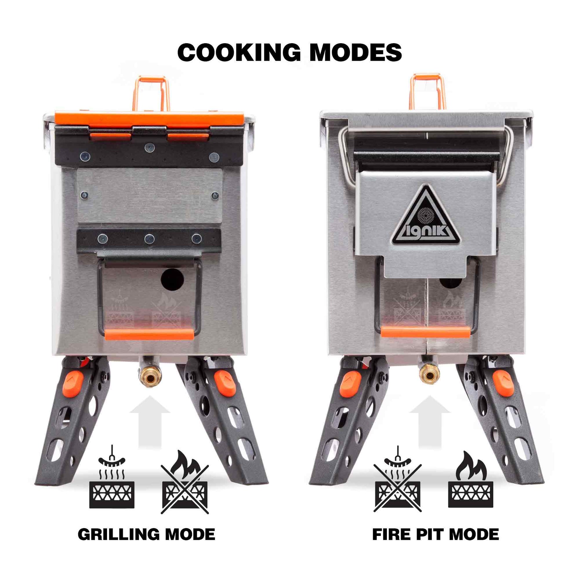 FireCan Deluxe portable fire pit cooking modes panel showing grilling and fire pit modes