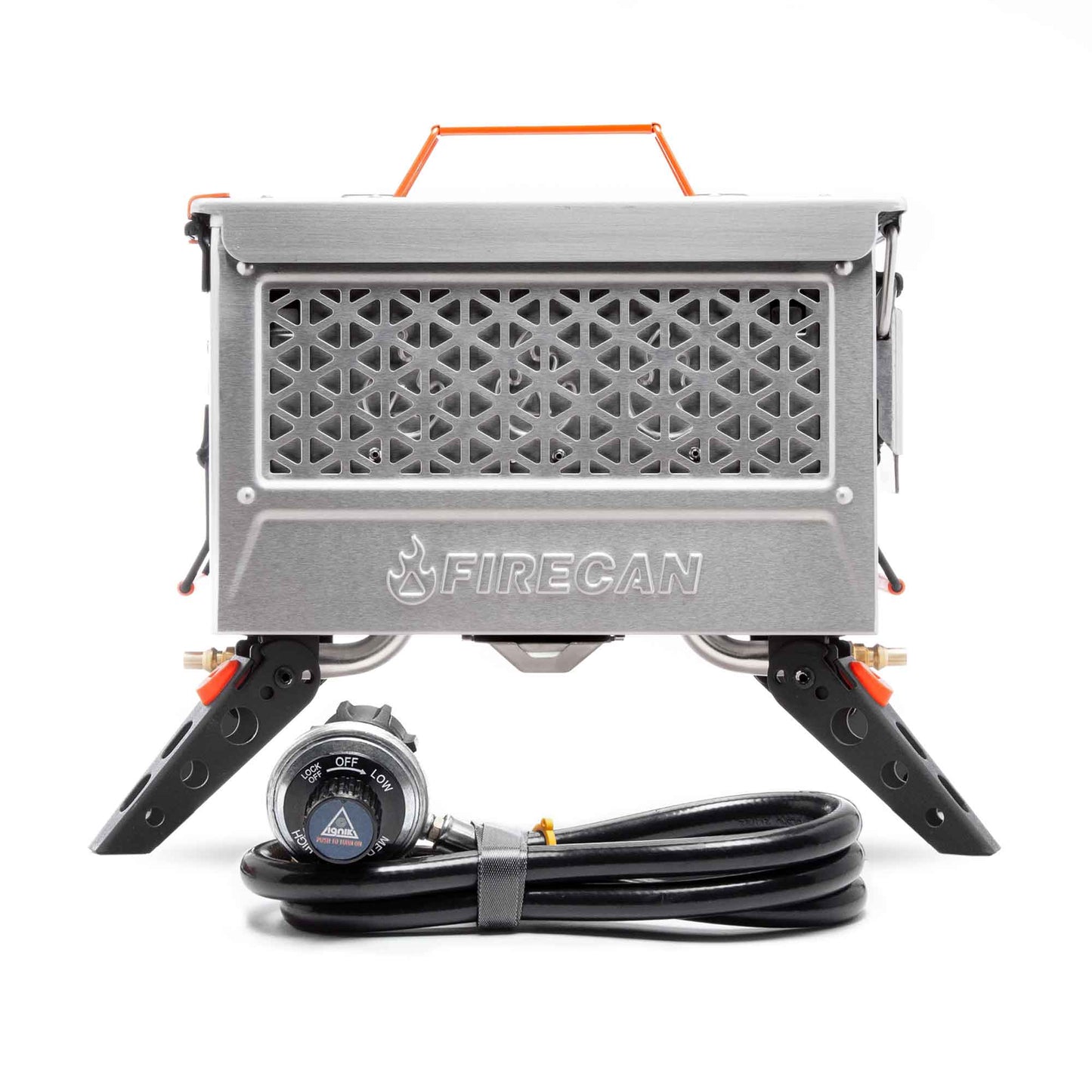 FireCan Deluxe portable fire pit with front vent, control knob, and attached gas hose