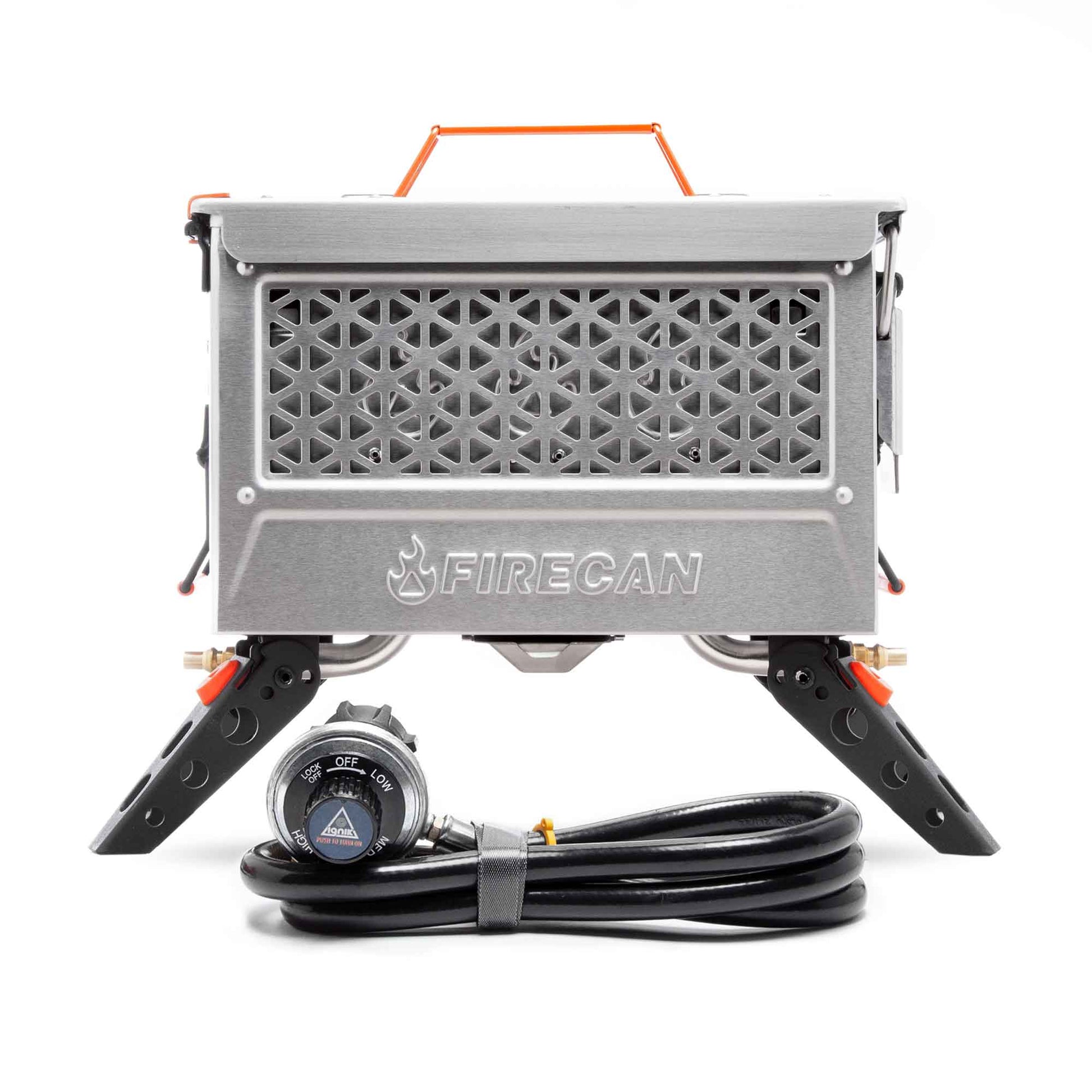 FireCan Deluxe portable fire pit with front vent, control knob, and attached gas hose