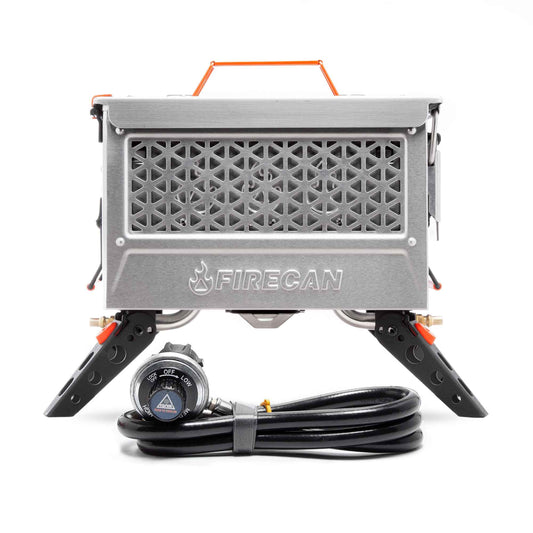 FireCan Deluxe portable fire pit with front vent, control knob, and attached gas hose