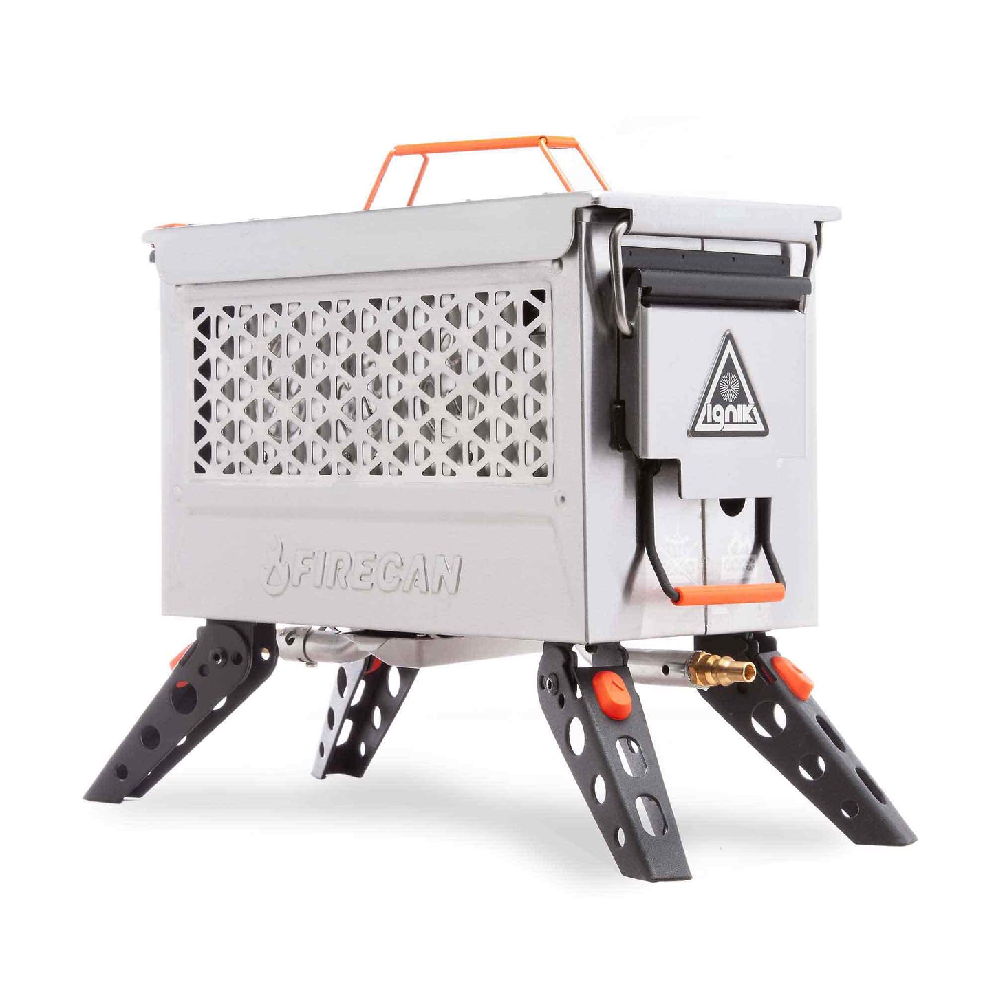 FireCan Deluxe portable fire pit side view with front vent and ignition box attachment