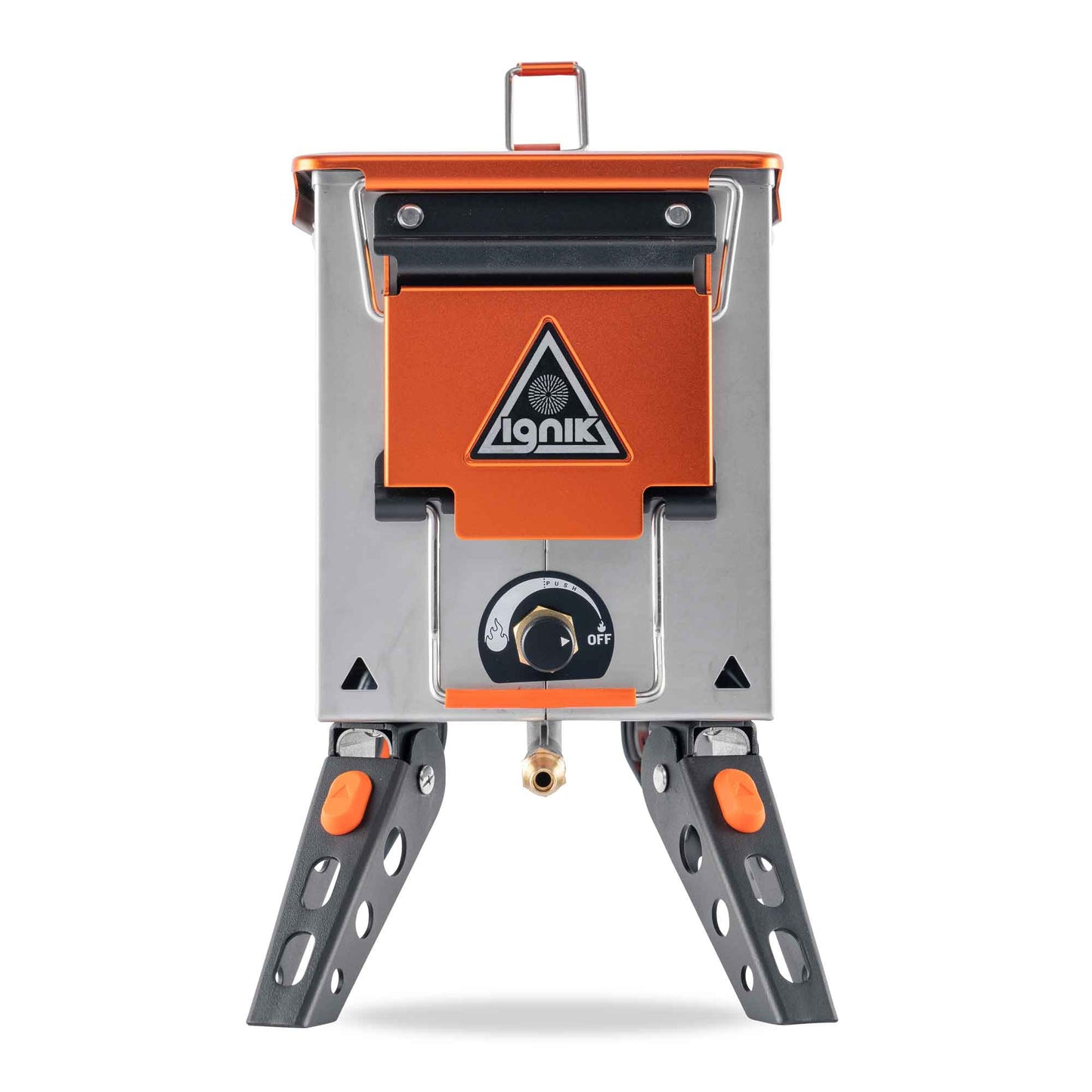 FireCan Elite fire pit rear view with orange control panel, ignition knob, tripod stand