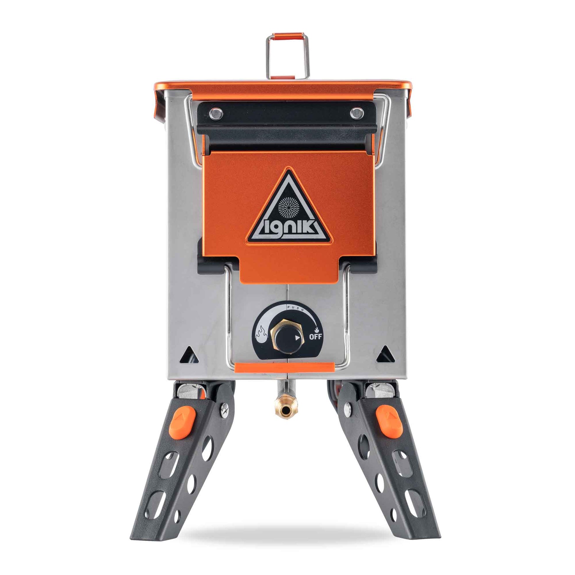 FireCan Elite fire pit rear view with orange control panel, ignition knob, tripod stand