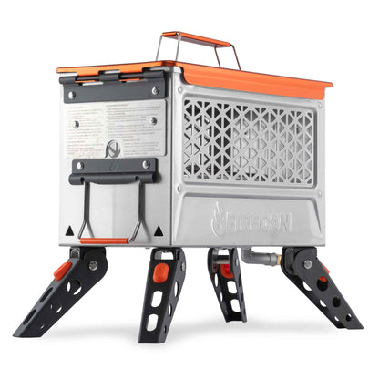 FireCan Elite fire pit back view with vented mesh panel, orange trim, black folding legs