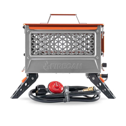 Orange and gray portable fire pit with steel mesh firebox and folding legs