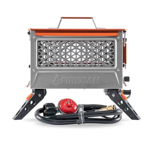 Orange and gray portable fire pit with steel mesh firebox and folding legs