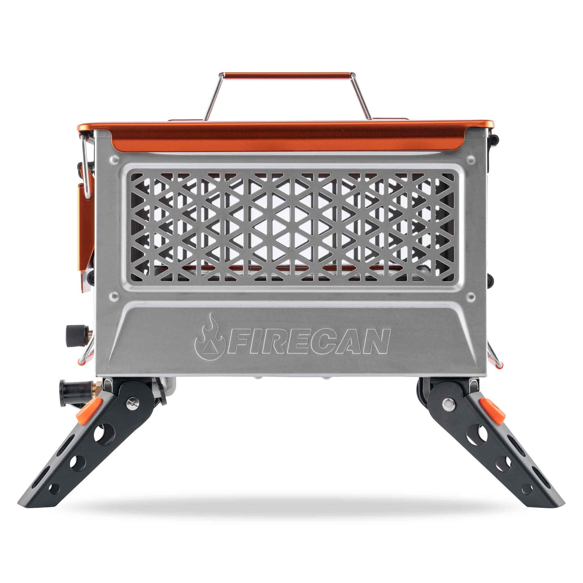 FireCan Elite fire pit front view with vented mesh grate, orange top frame, black feet