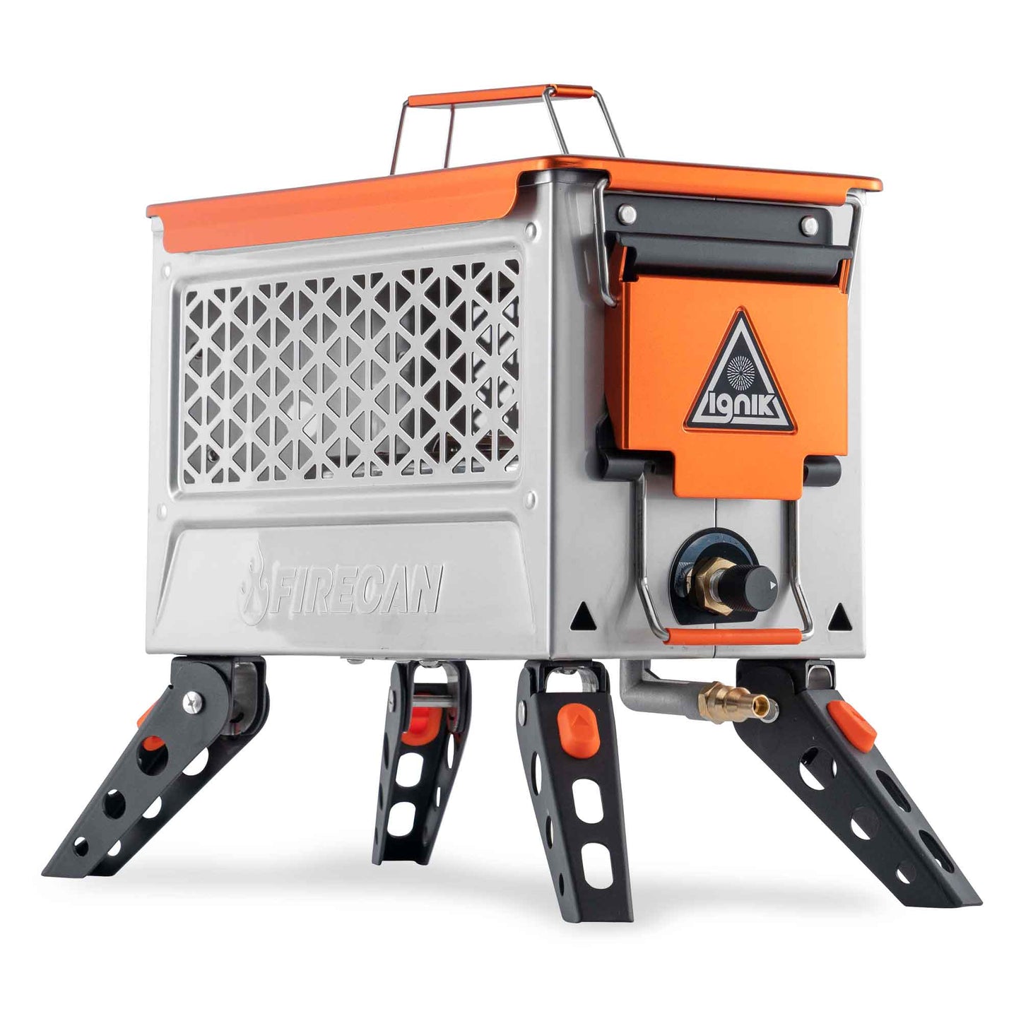 FireCan Elite fire pit side view with orange control box, vented front panel, black feet