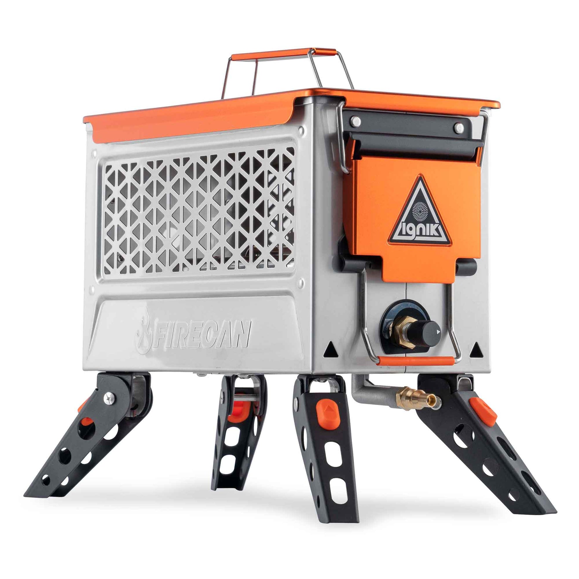 FireCan Elite fire pit side view with orange control box, vented front panel, black feet