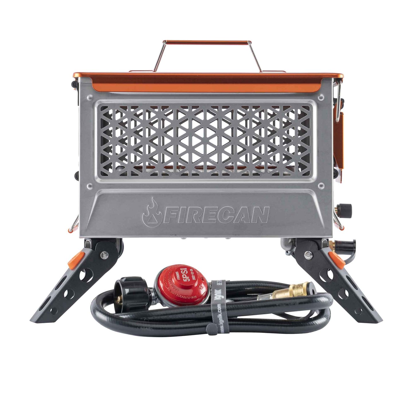 FireCan Elite fire pit with orange handle, front mesh grate, black legs and carry frame