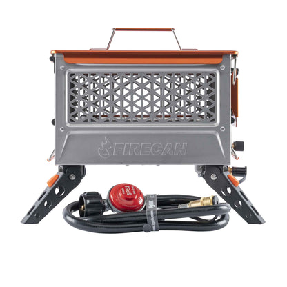 FireCan Elite fire pit with orange handle, front mesh grate, black legs and carry frame