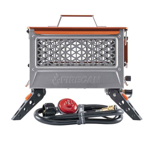 FireCan Elite fire pit with orange handle, front mesh grate, black legs and carry frame