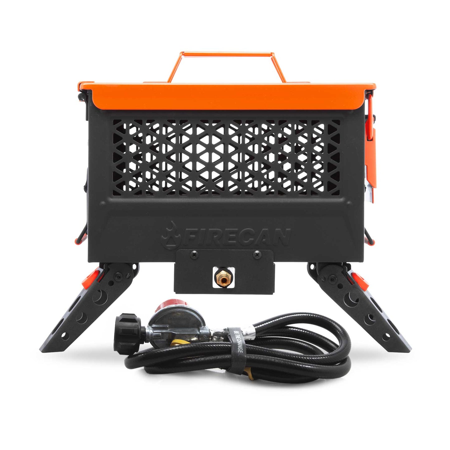 FireCan portable fire pit with orange top, black metal sides, and folding legs