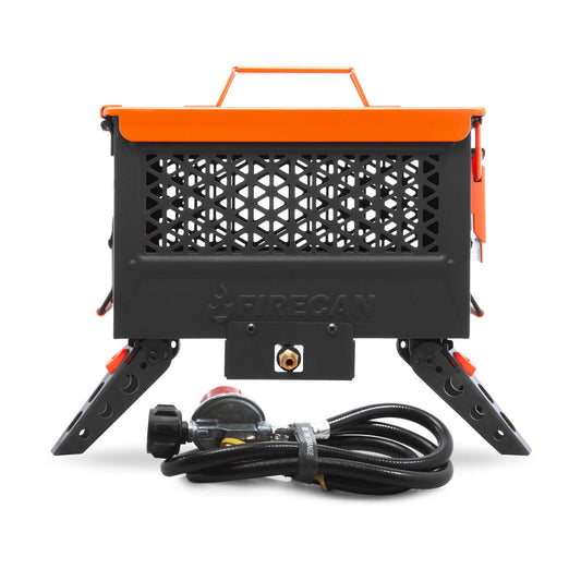 FireCan portable fire pit with orange top, black metal sides, and folding legs