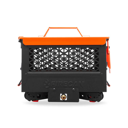FireCan portable fire pit front view with black vented panel and orange handle