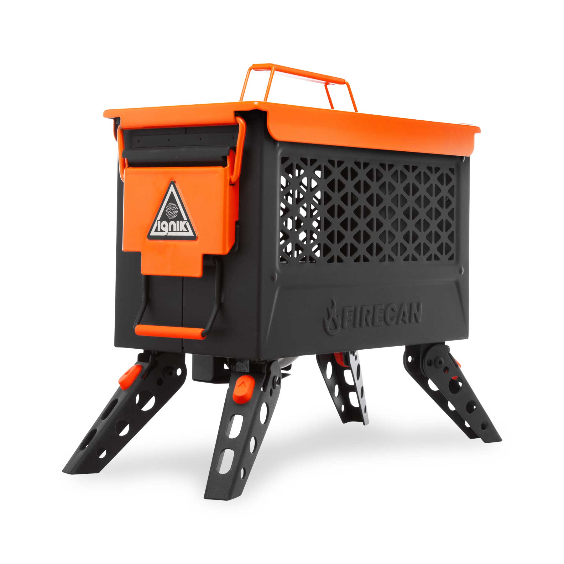 FireCan portable fire pit with orange control box and black folding stand legs