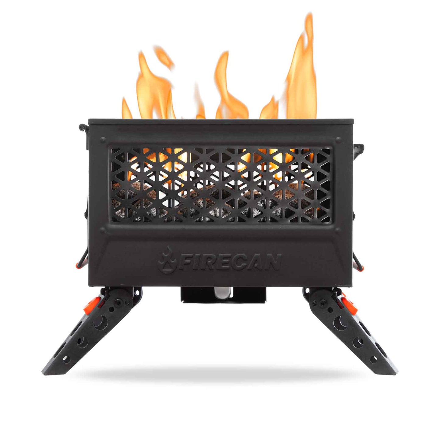 FireCan portable fire pit with flame vent pattern and orange top panel