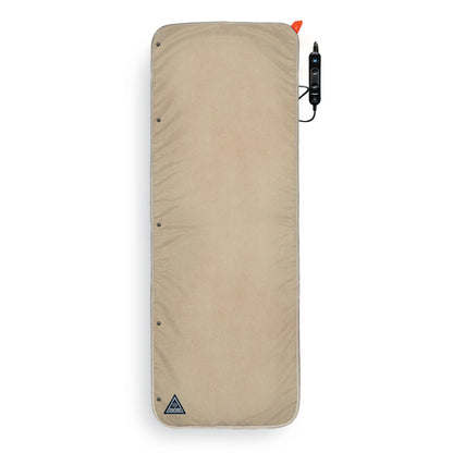 Heated bed cover with smooth beige fabric and attached controller for portable heating