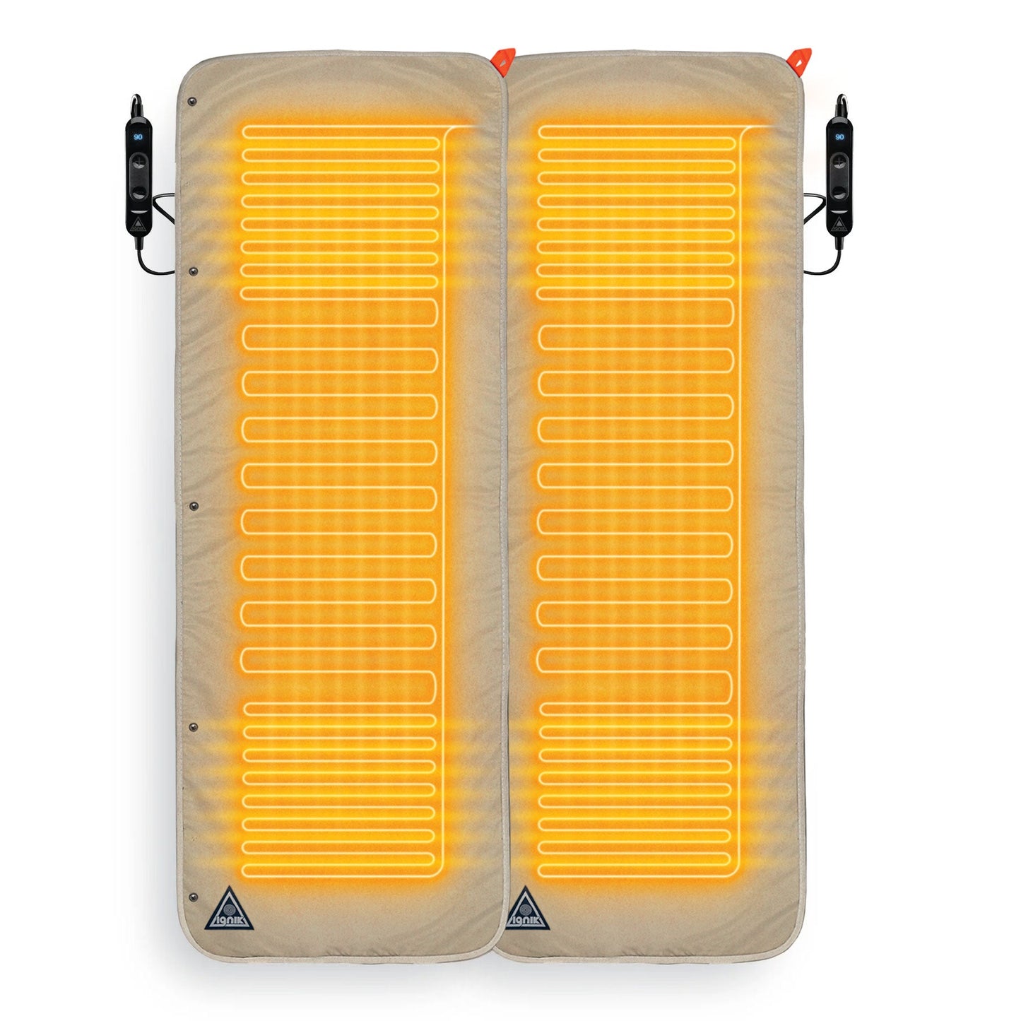 Double heated bed cover with glowing orange heat strips and black controller cables