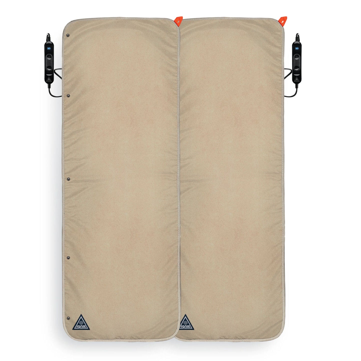 Double heated bed cover in beige fabric with dual sections and black controller cables