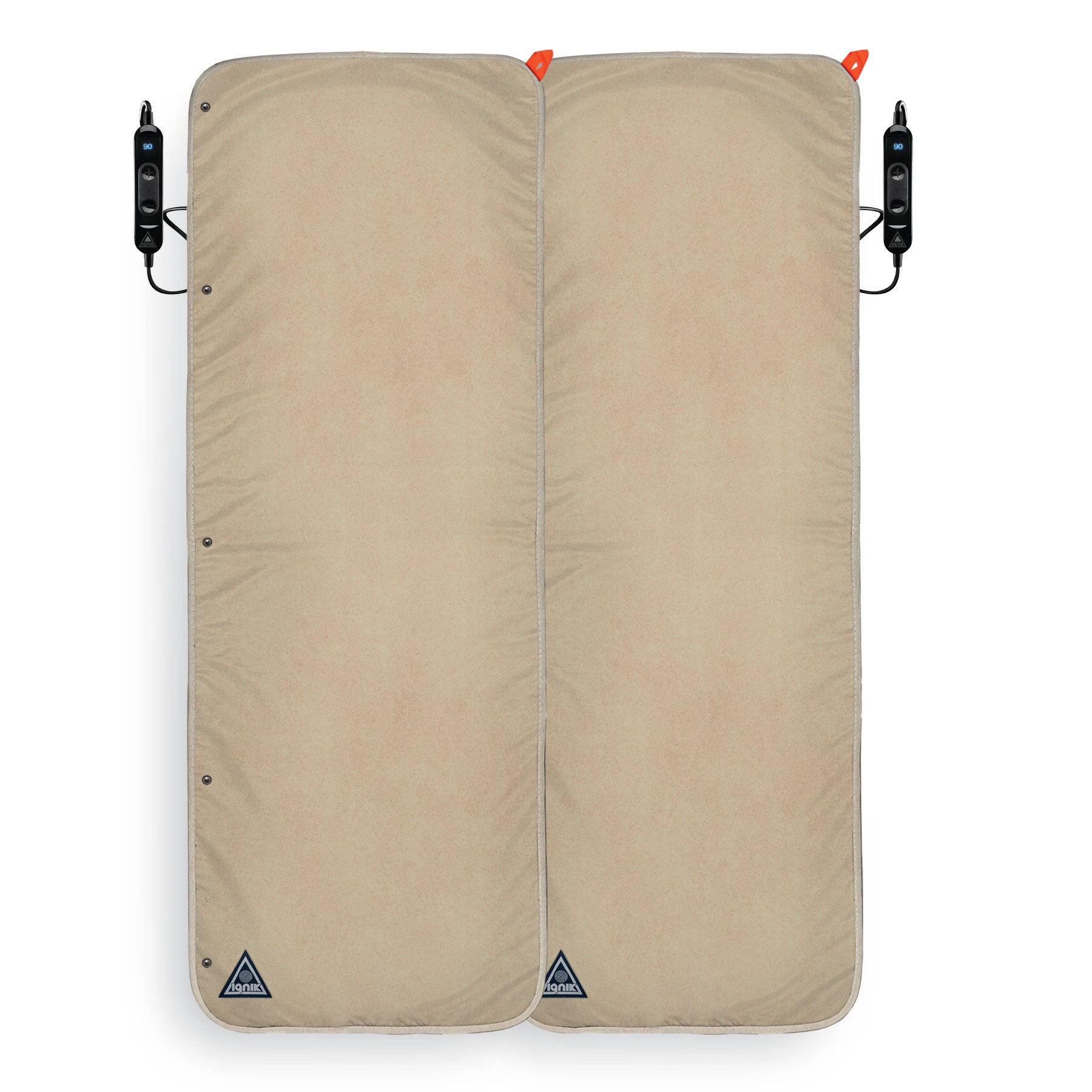 Double heated bed cover in beige fabric with dual sections and black controller cables