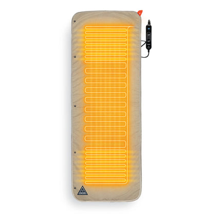 Heated bed cover with glowing heating lines and attached controller for portable power