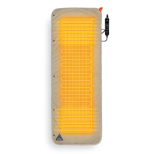 Heated bed cover with glowing heating lines and attached controller for portable power