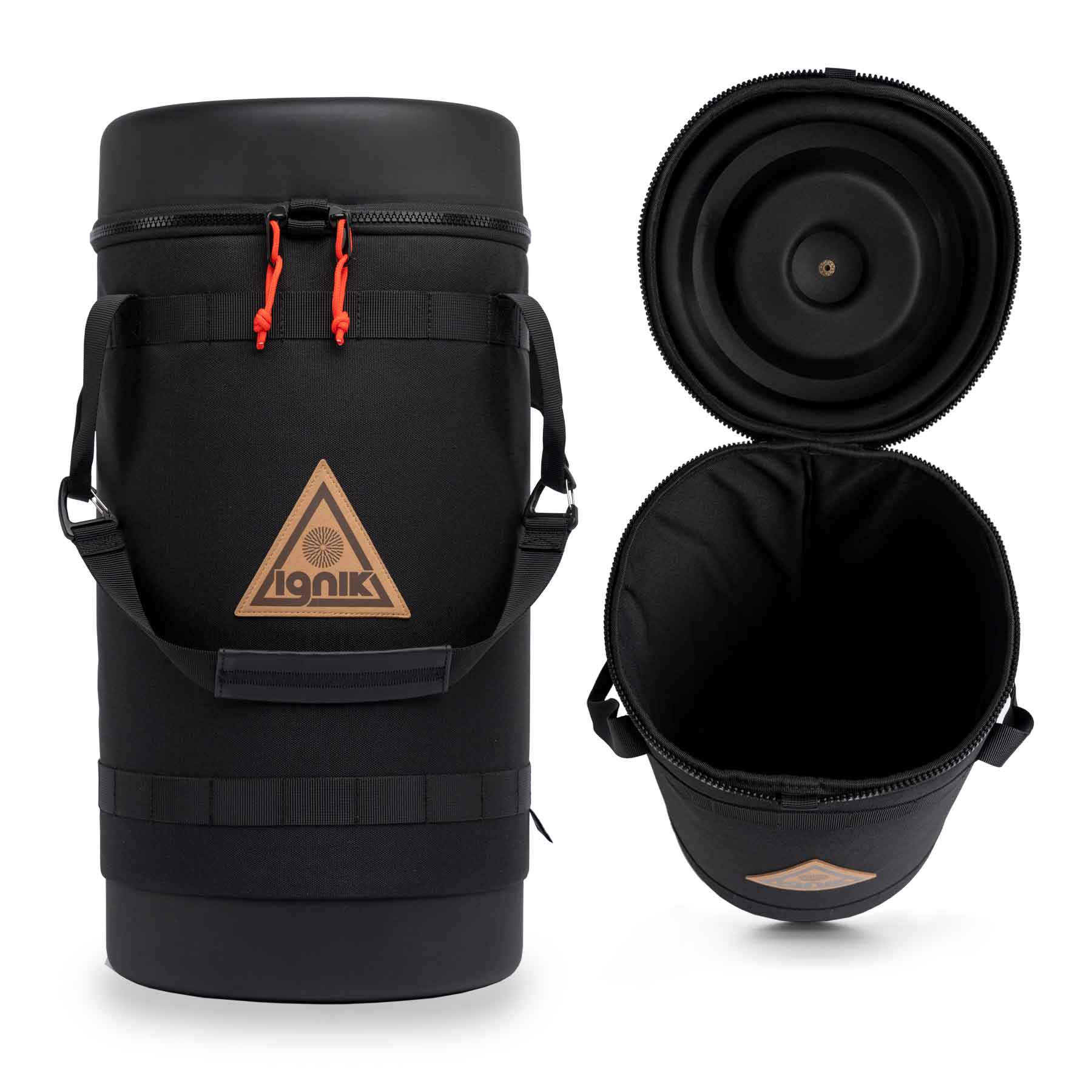 Black insulated growler bag with front logo; matching bag lid open to show interior.