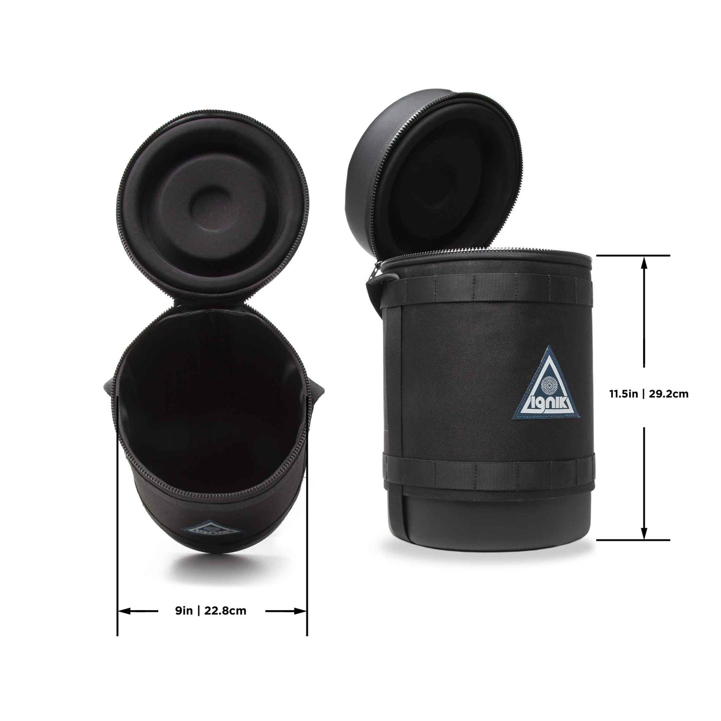 Gas growler carry case with open lid and interior, showing dimensions