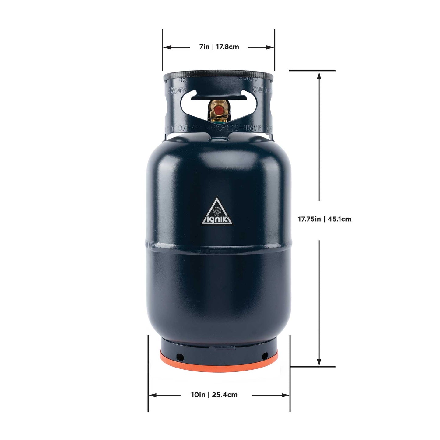 Black gas growler canister with top handle opening and orange base ring.