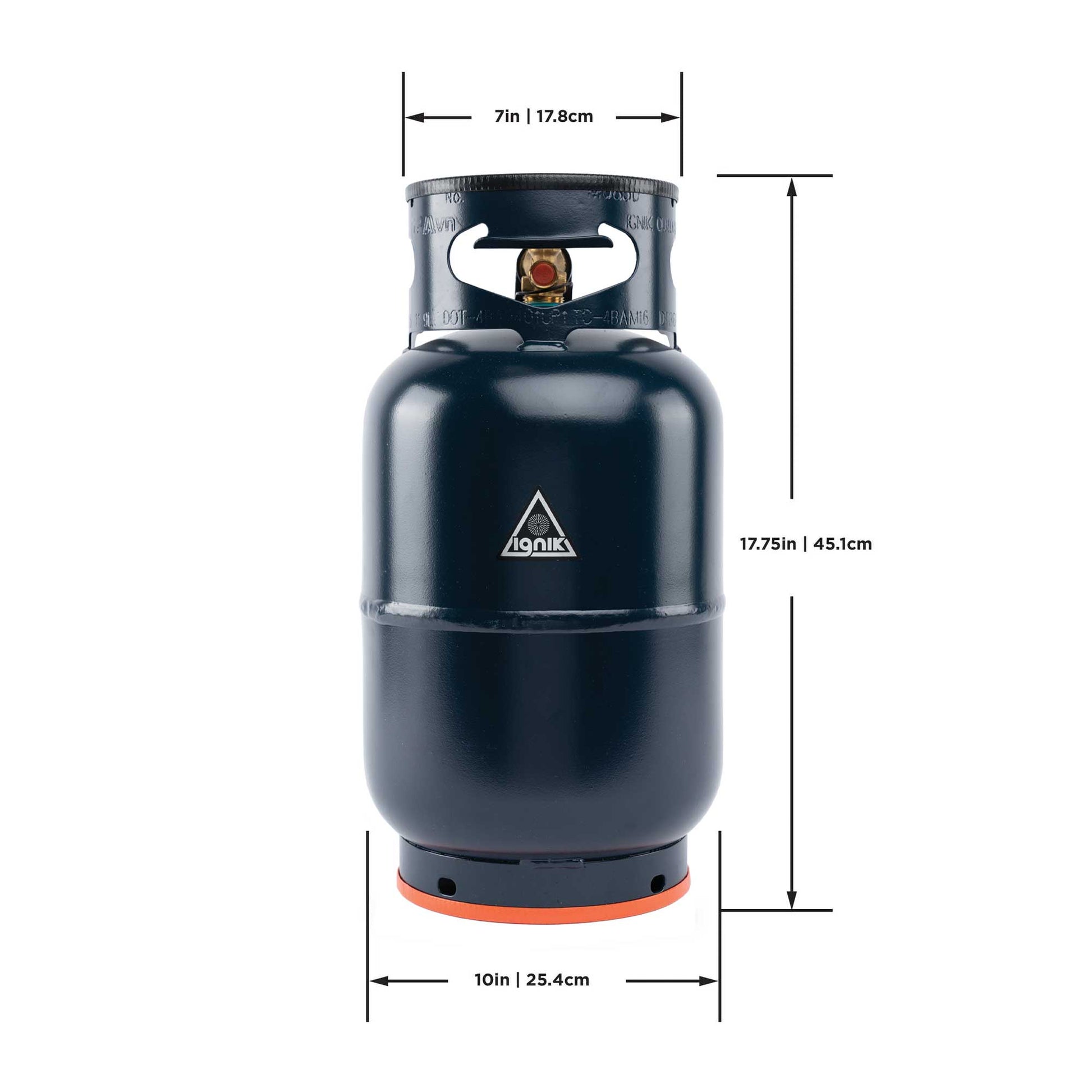 Black gas growler canister with top handle opening and orange base ring.