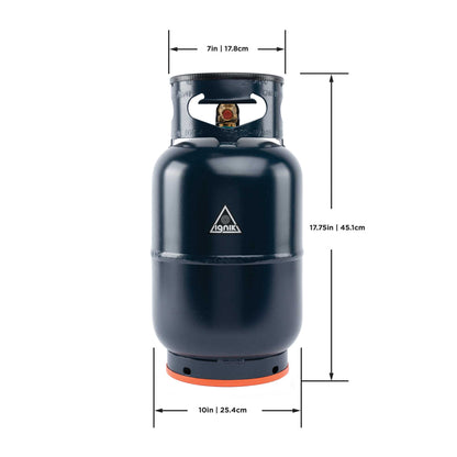 Black gas growler canister with top handle opening and orange base ring.