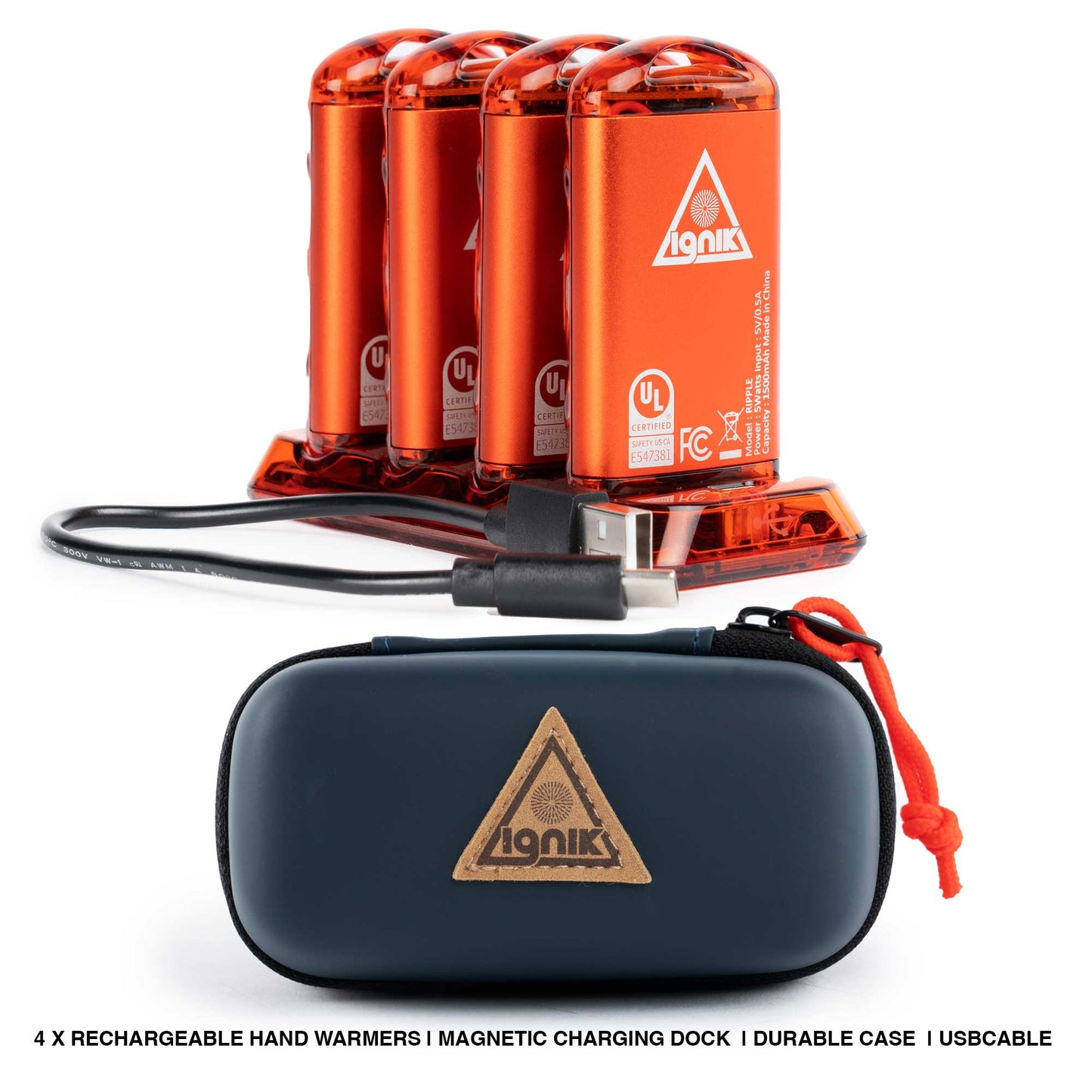 Lava orange hand warmers with magnetic charging dock, USB cable, and navy storage case
