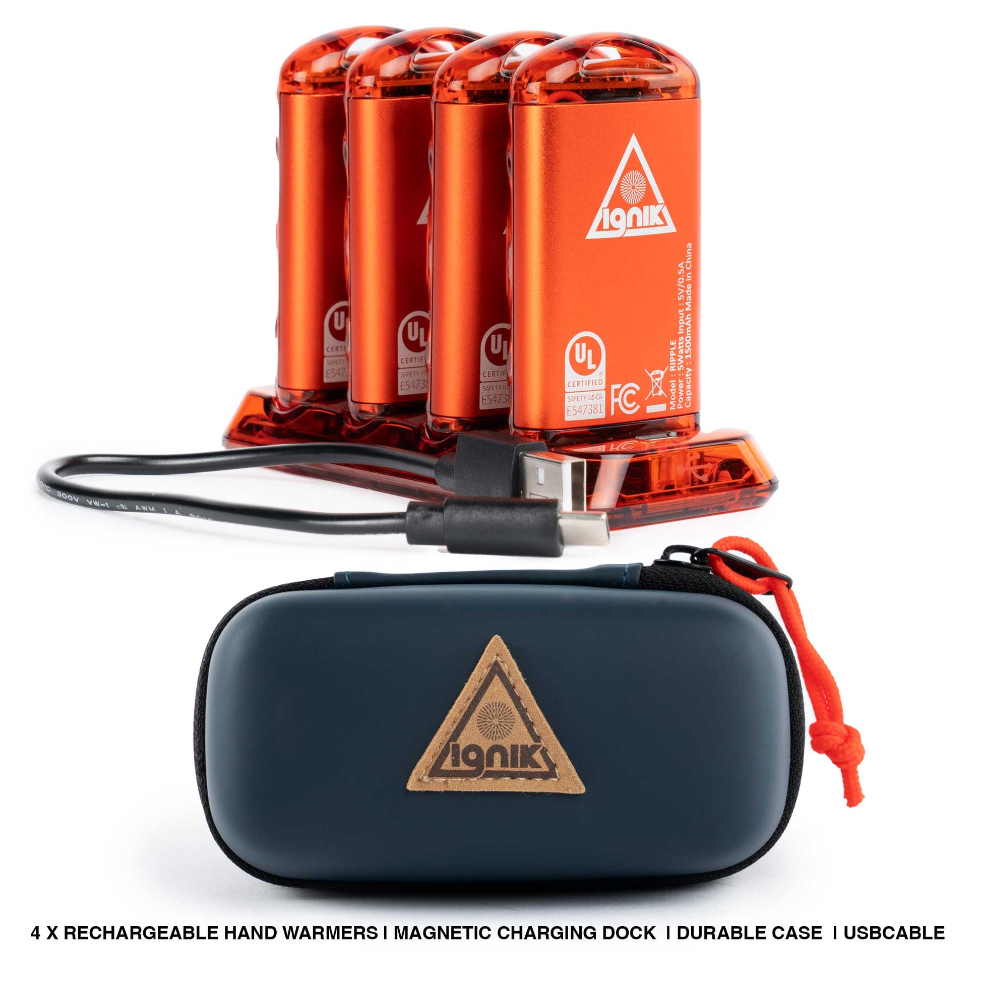 Lava orange hand warmers with magnetic charging dock, USB cable, and navy storage case