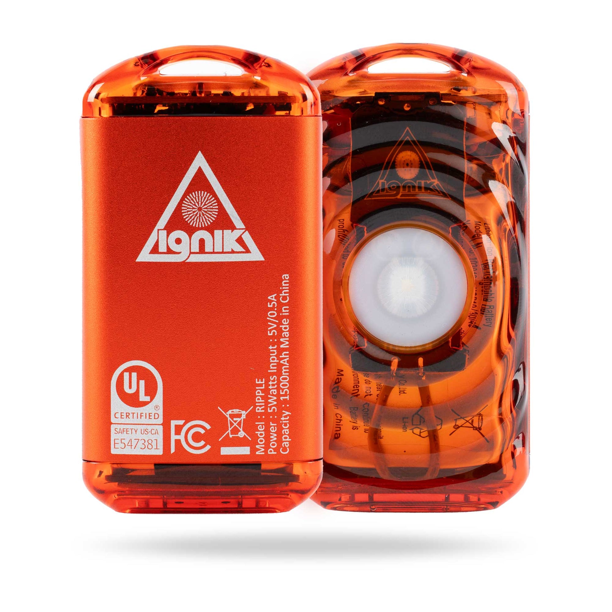 Lava orange rechargeable hand warmer set, two cylinder units with clear top caps