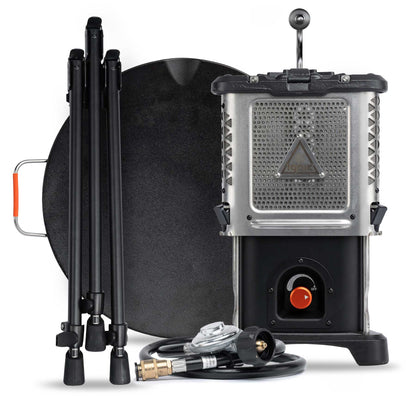 Portable heater stove cook set with black round windscreen, burner, and accessory poles