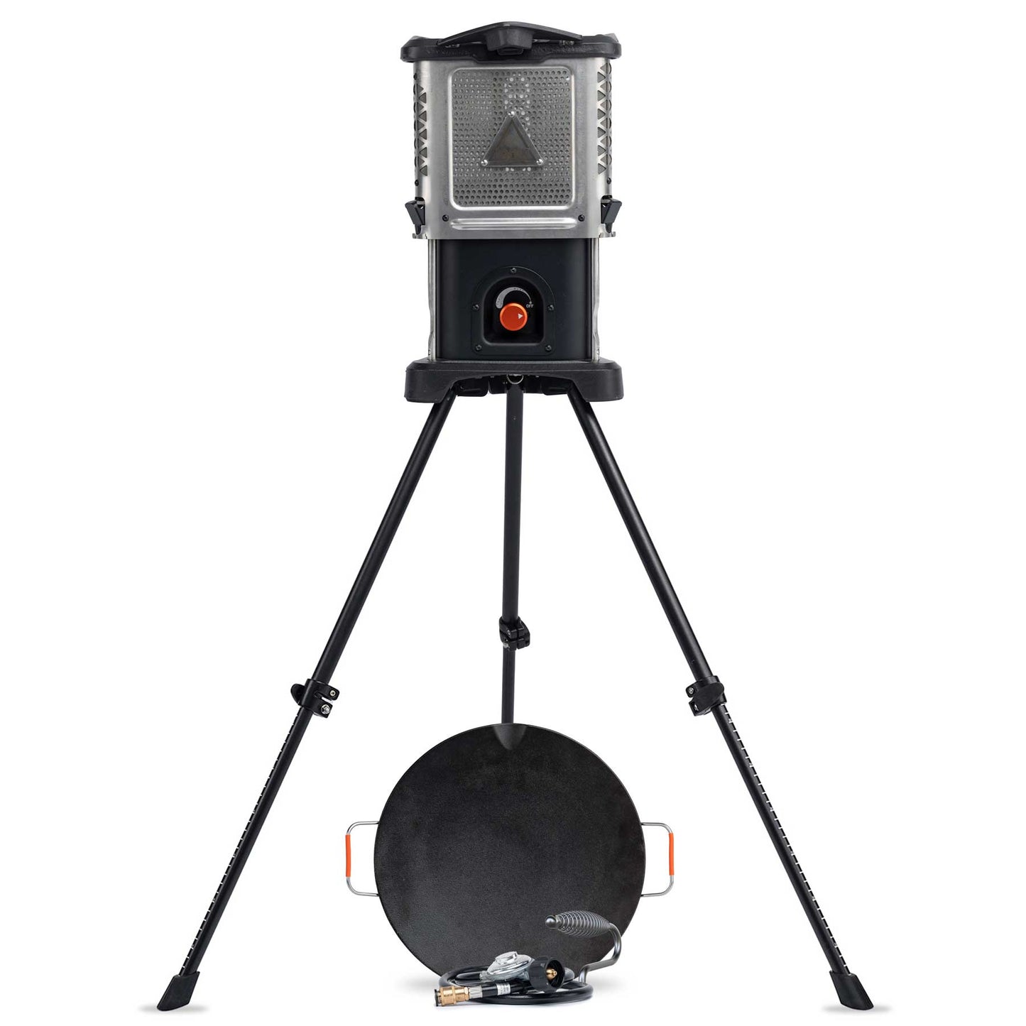 Portable heater stove on tripod with black windscreen and front control knob