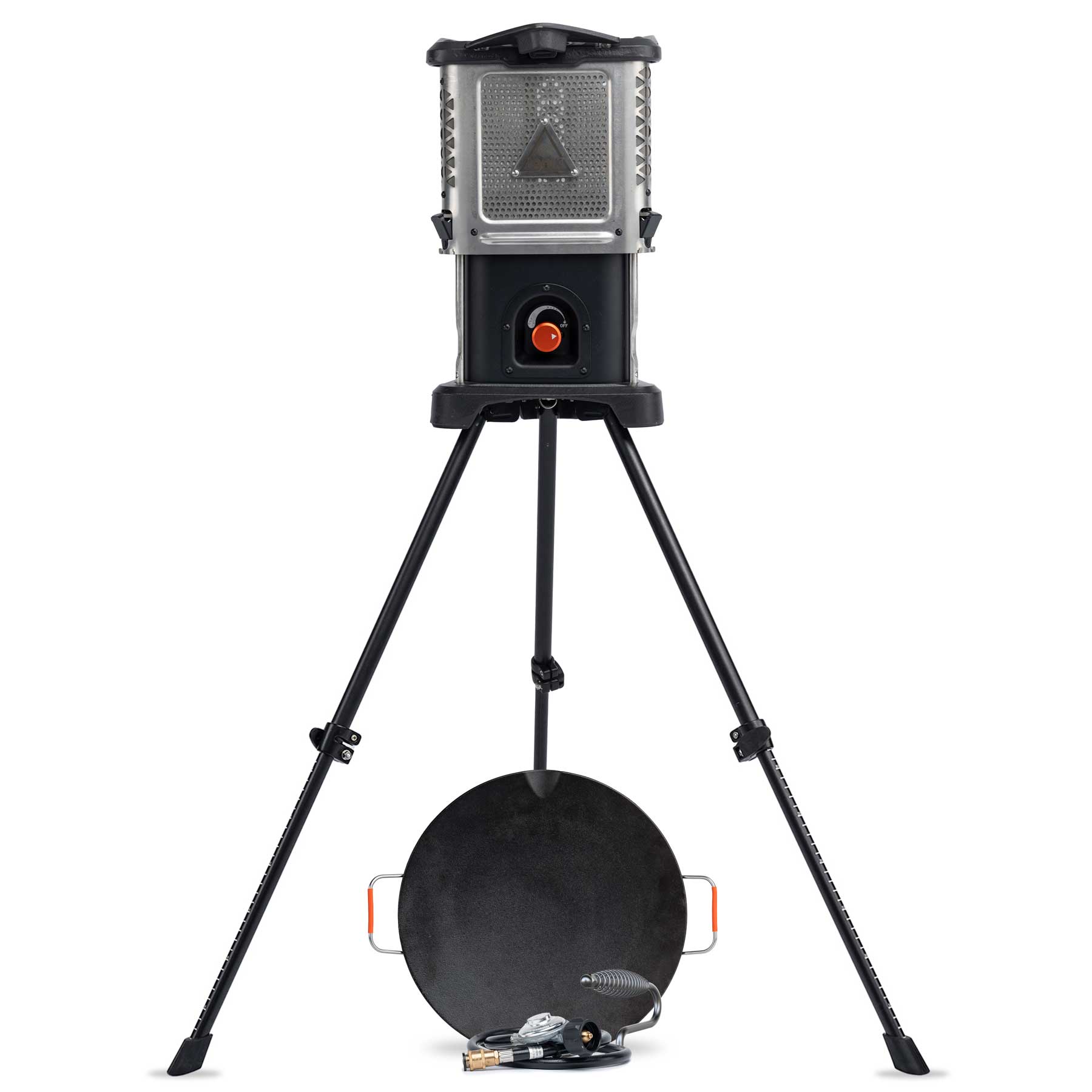 Portable heater stove on tripod with black windscreen and front control knob