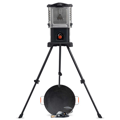 Portable heater stove on tripod with black windscreen and front control knob