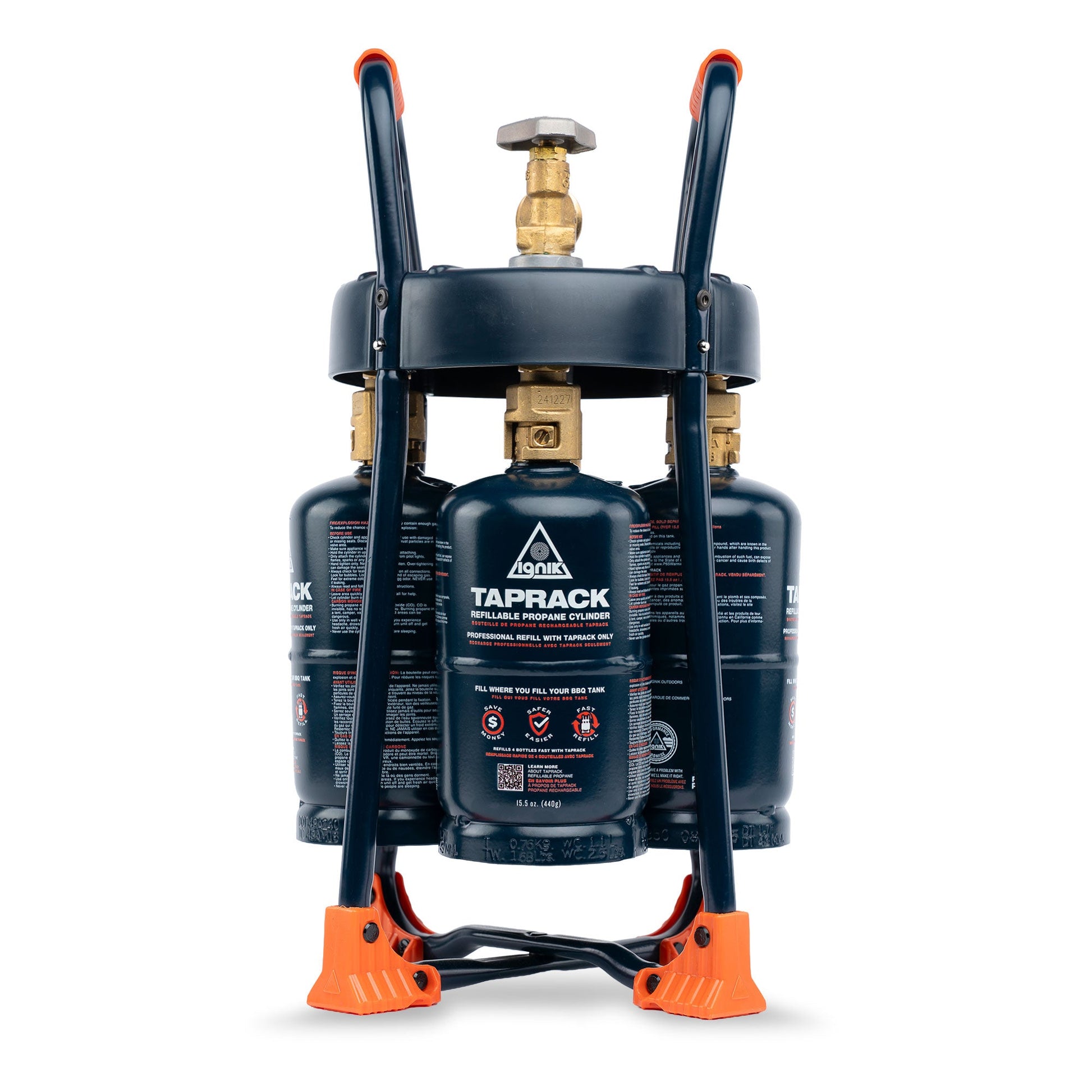 TapRack refillable propane cylinder with orange safety stand handles
